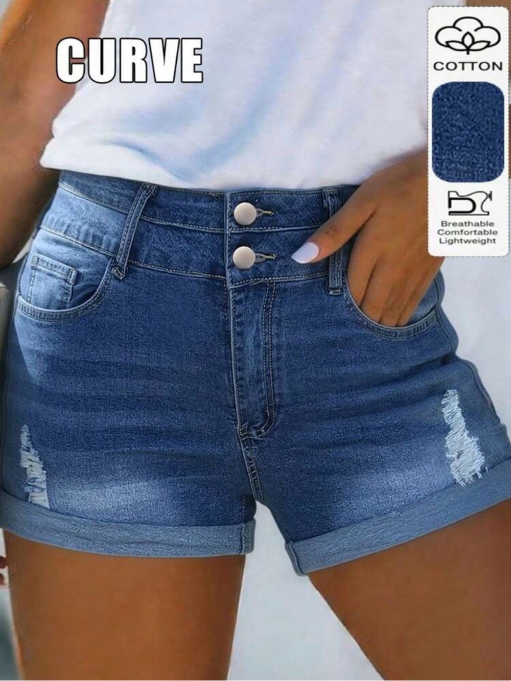 SHEIN Women’s Light Wash Denim Shorts Double Button Distressed Stretch Size M